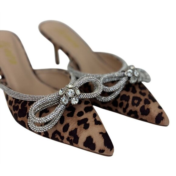 LILIANA / Romantic-1 Leopard Print / Pointed Toe Mules With Rhinestone Bow Embel - Picture 7 of 9